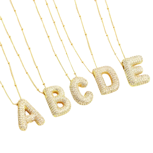 Bubble letter initial necklace set | White Gold