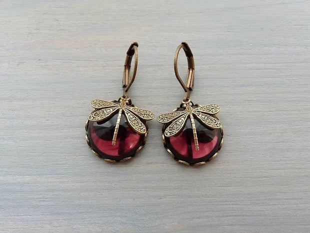 Spherical dragonfly earrings in antique gold