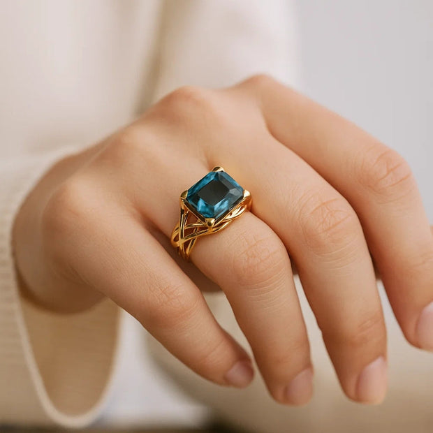 Vintage Rose Gold Blue Zirconia Ring