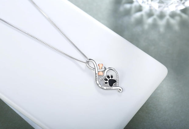 Lucky Paw Necklace with Heart, Bone & Infinity – “Always in My Heart” Pendant