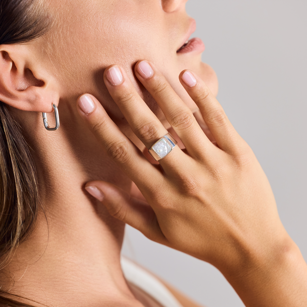 Wide Square Signet Ring Made of 925 Sterling Silver with Natural Freshwater Pearl