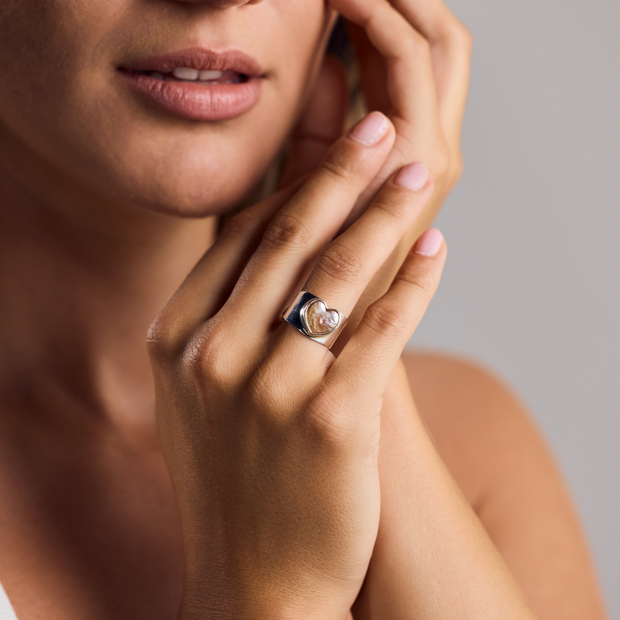 Wide Signet Ring with Heart in 925 Sterling Silver with Natural Freshwater Pearl