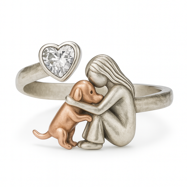 Handcrafted 925 Sterling Silver Dog Ring with Heart-Shaped Zirconia – Adjustable Fit