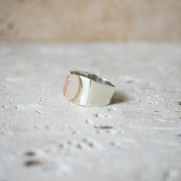 Wide Signet Ring with Heart in 925 Sterling Silver with Natural Freshwater Pearl