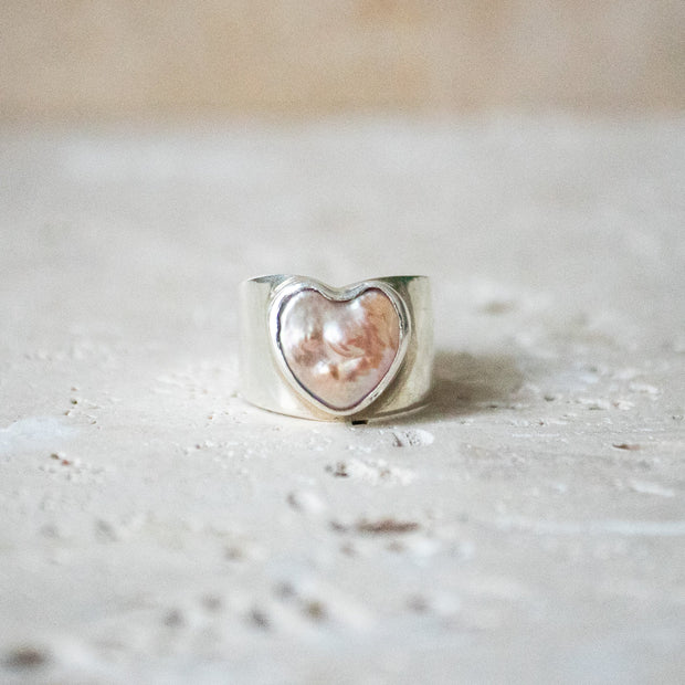 Wide Signet Ring with Heart in 925 Sterling Silver with Natural Freshwater Pearl