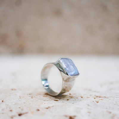 Wide Square Signet Ring Made of 925 Sterling Silver with Natural Freshwater Pearl