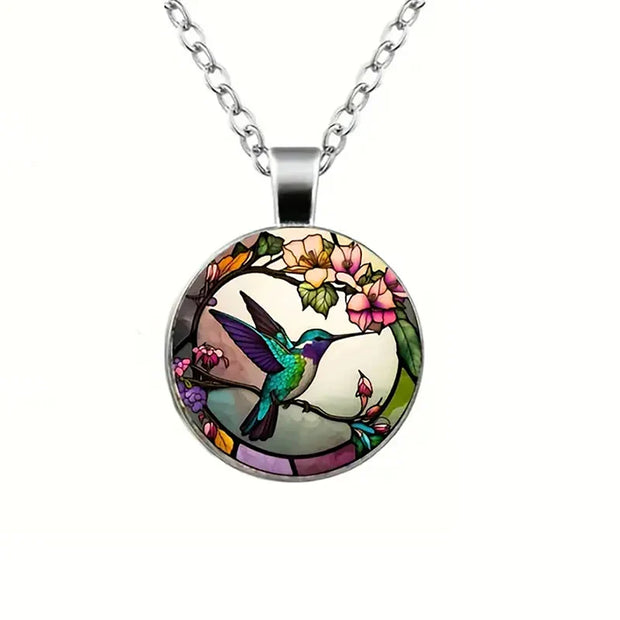 Hummingbird Glass Dome Pendant Necklace