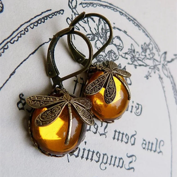 Spherical dragonfly earrings in antique gold