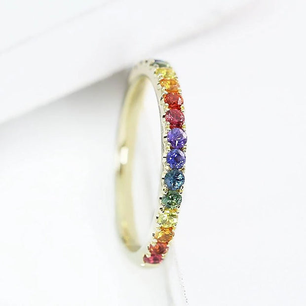 Rainbow Sapphire Half Eternity Ring – 14K Gold Band with Natural Sapphires