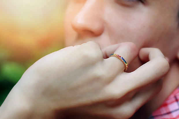 Rainbow Sapphire Half Eternity Ring – 14K Gold Band with Natural Sapphires