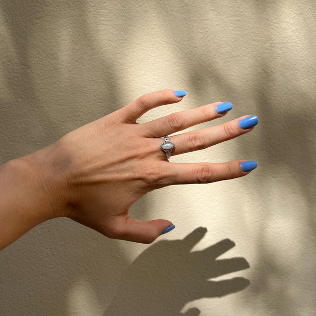 Moonstone Ring with oval stone in boho style 925 sterling silver handmade