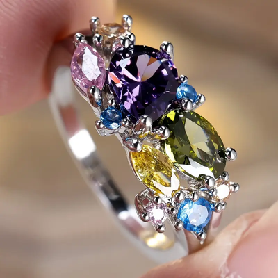 Vintage Colorful Crystal Silver Ring